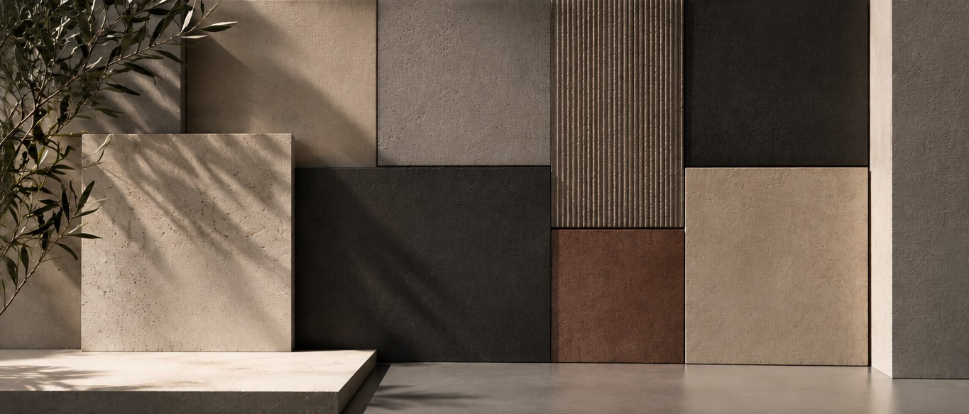 Composição de placas Concresteel em diferentes formatos, cores e texturas